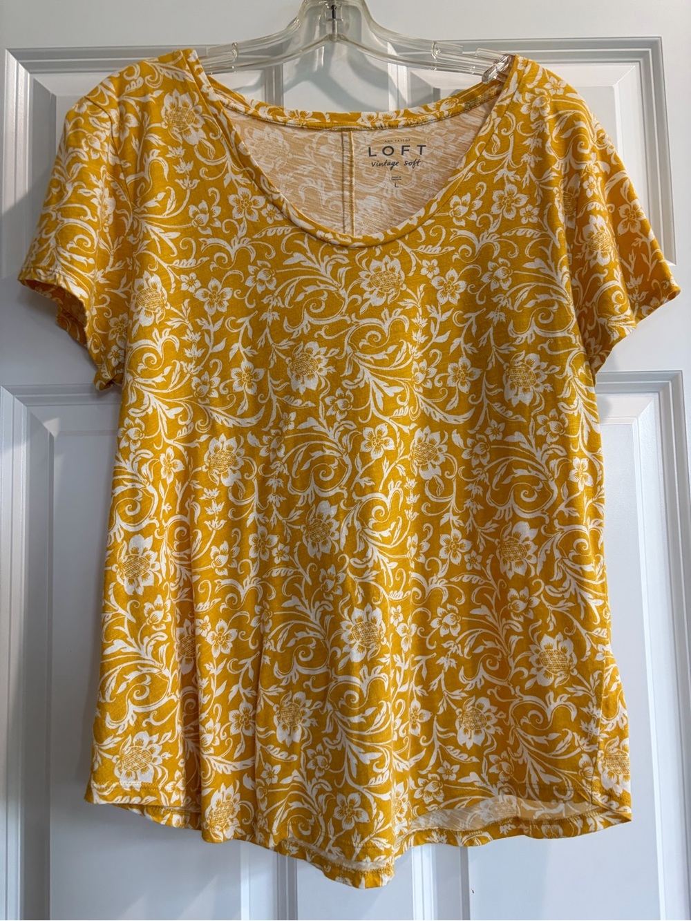 LOFT Yellow and White Floral Short Sleeve Scoop Neck Tee